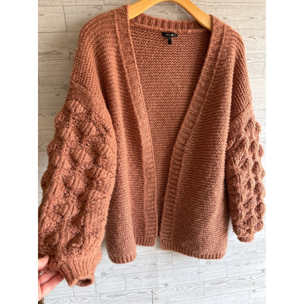 Papermoon‎ Cardigan Sweater Chunky Knit pompon sleeves Dusty Rose size large